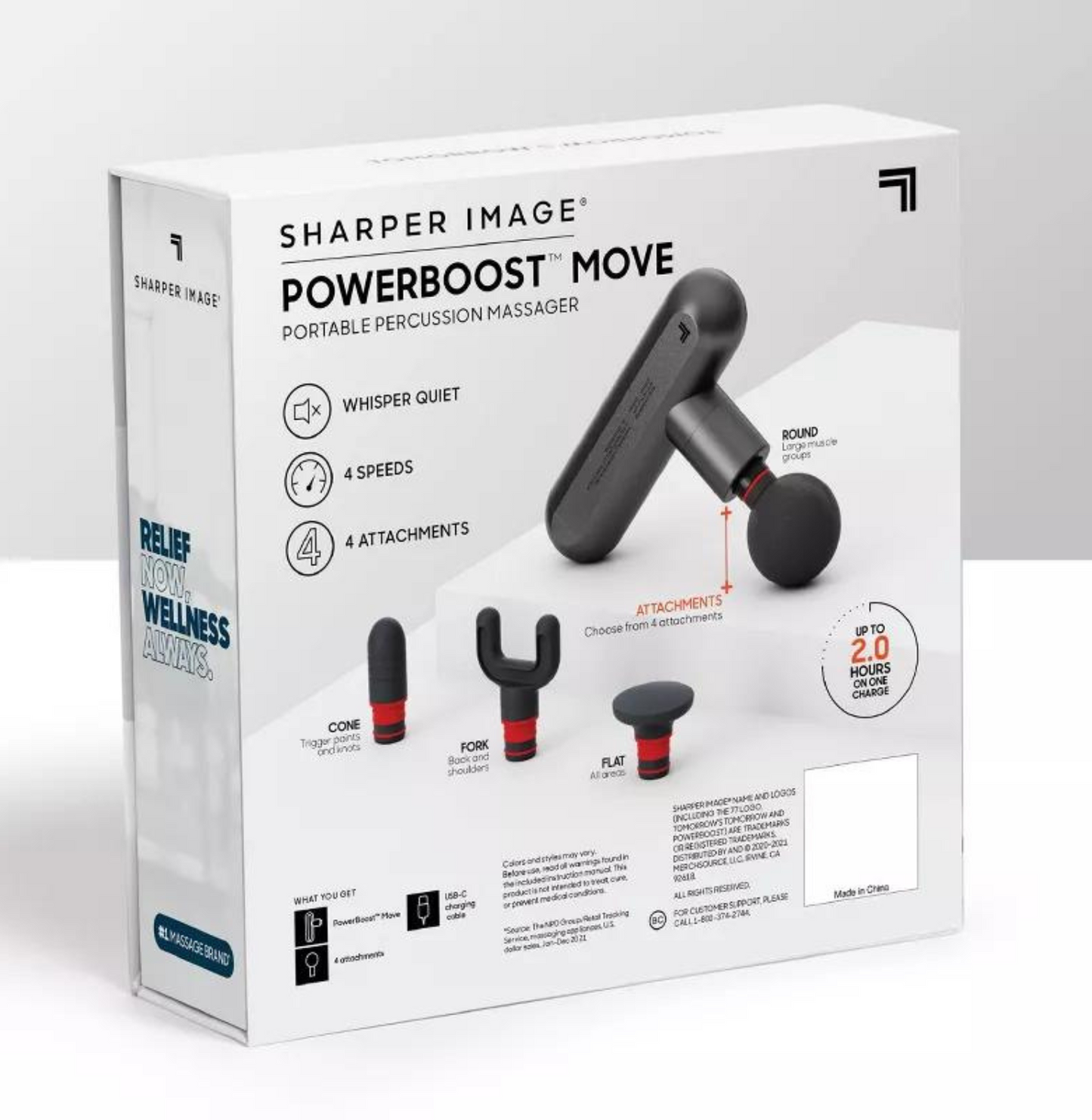 Sharper Image Powerboost Deep Tissue Travel Portable Percussion Massage Gun, Powerboost Move Full Body, Back & Neck Muscle Massager with 4 Attachments, Handheld Rechargeable Electric Massage Gun for Athletes