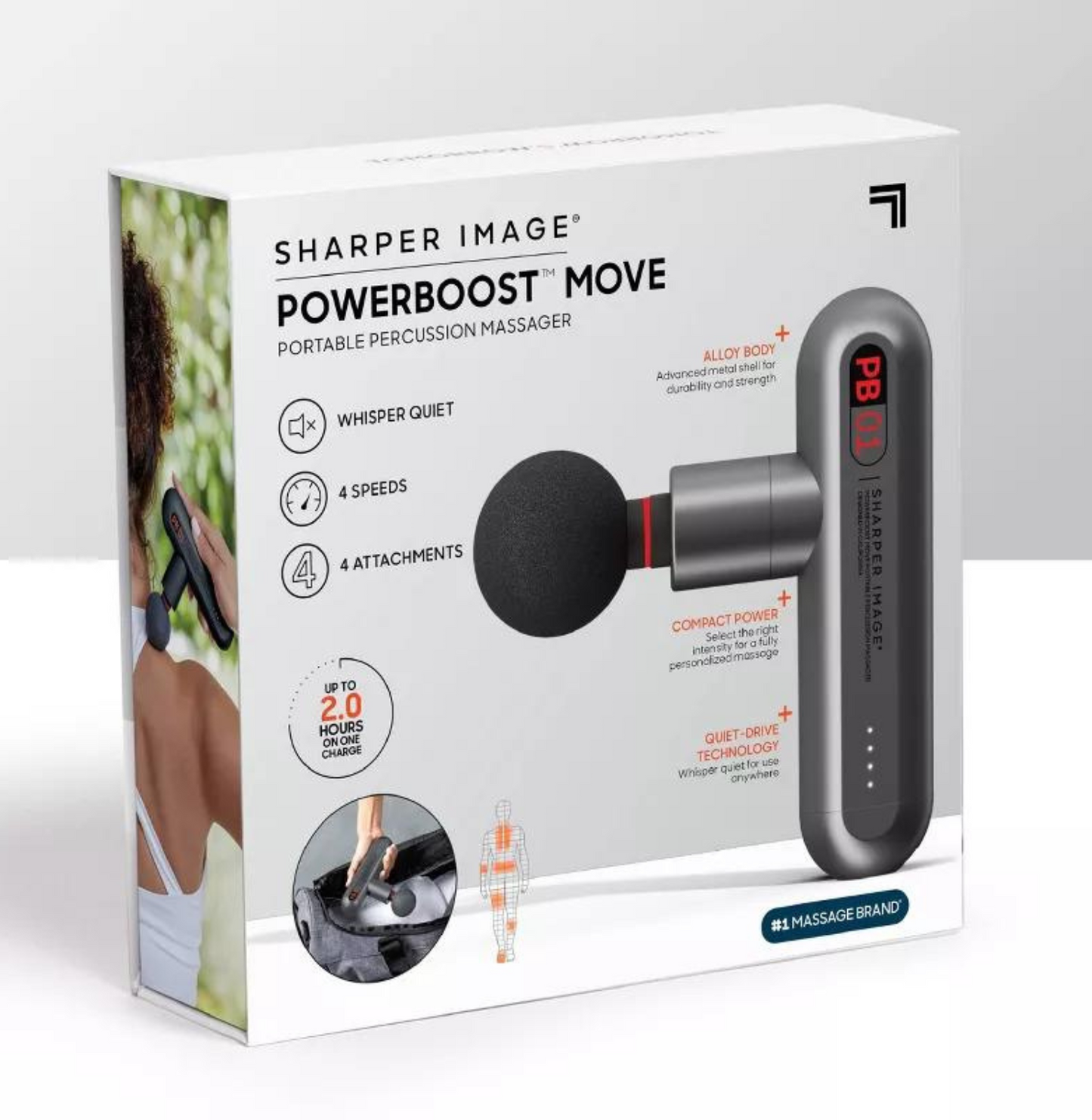 Sharper Image Powerboost Deep Tissue Travel Portable Percussion Massage Gun, Powerboost Move Full Body, Back & Neck Muscle Massager with 4 Attachments, Handheld Rechargeable Electric Massage Gun for Athletes